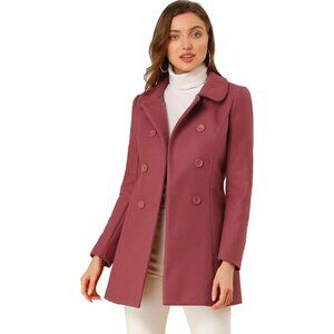 Women's Dark Pink Peter Pan Collar Double Breasted Winter Long Trench Pea Coat
